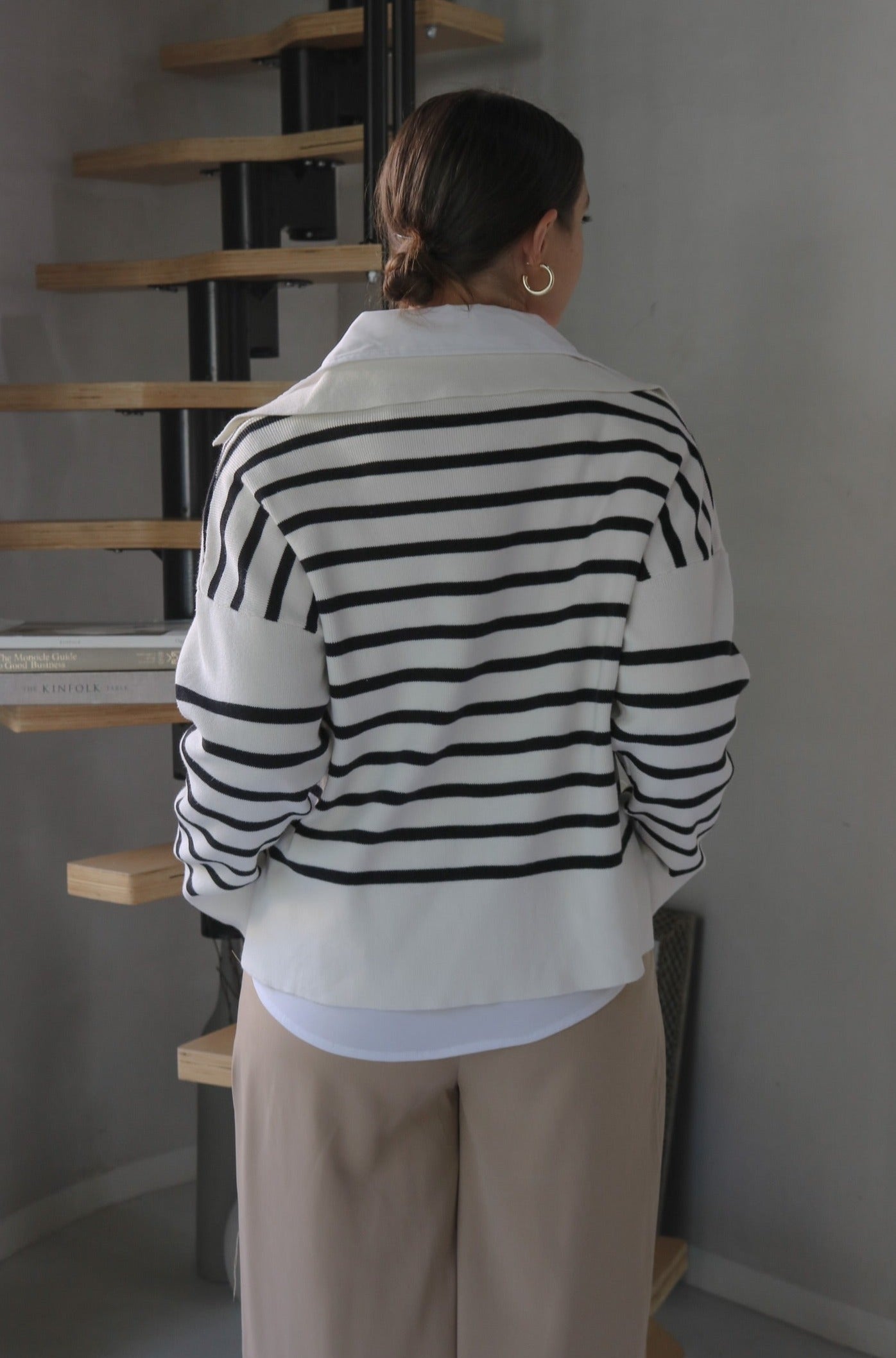 'Yale' Classic Striped LS Sweater in Black and Ivory