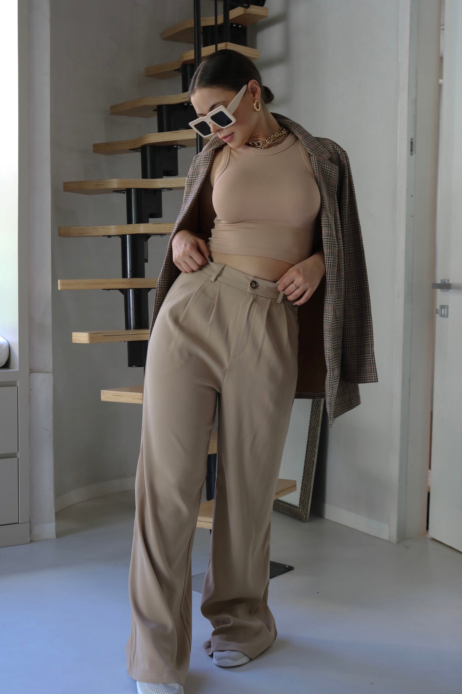Classic High Waisted Trousers in Taupe. Scarlette The Label, an online fashion boutique for women.