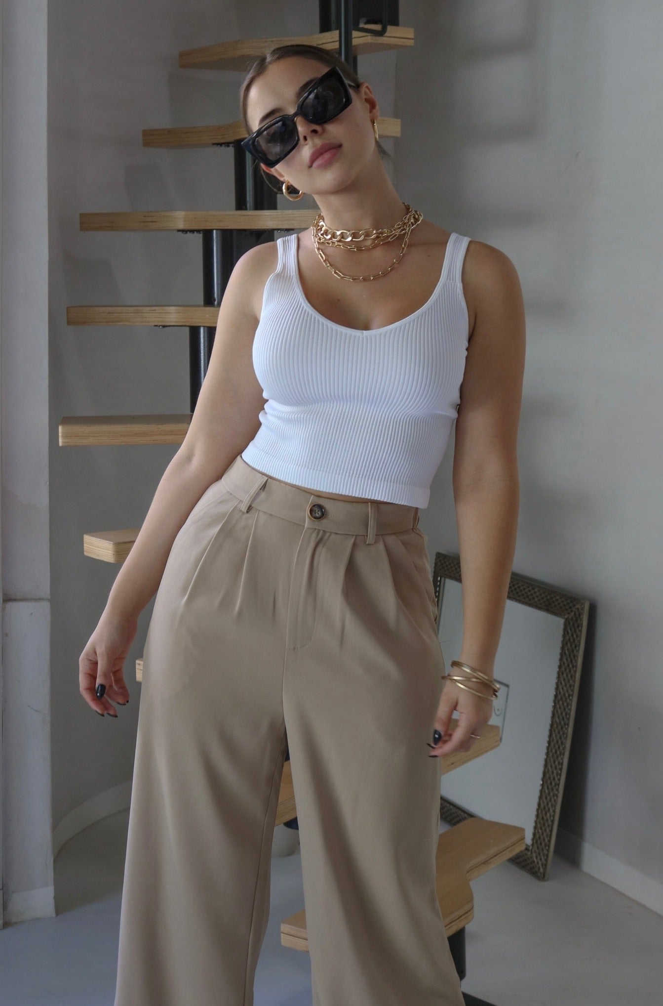 V Neck Ribbed Tank Top in White. Scarlette The Label, an online fashion boutique for women.