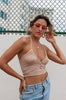 Load image into Gallery viewer, Criss Cross Crop Top Tank in Taupe from Scarlette The Label, an online fashion boutique for women. Paired with light wash denim jeans, gold hoops, and sneakers.