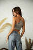 Load image into Gallery viewer, Tie Dye Bandana Style Diamond Halter Top in Taupe and Sage Tie Dye. Paired with light wash denim jeans. Scarlette The Label, an online fashion boutique for women.