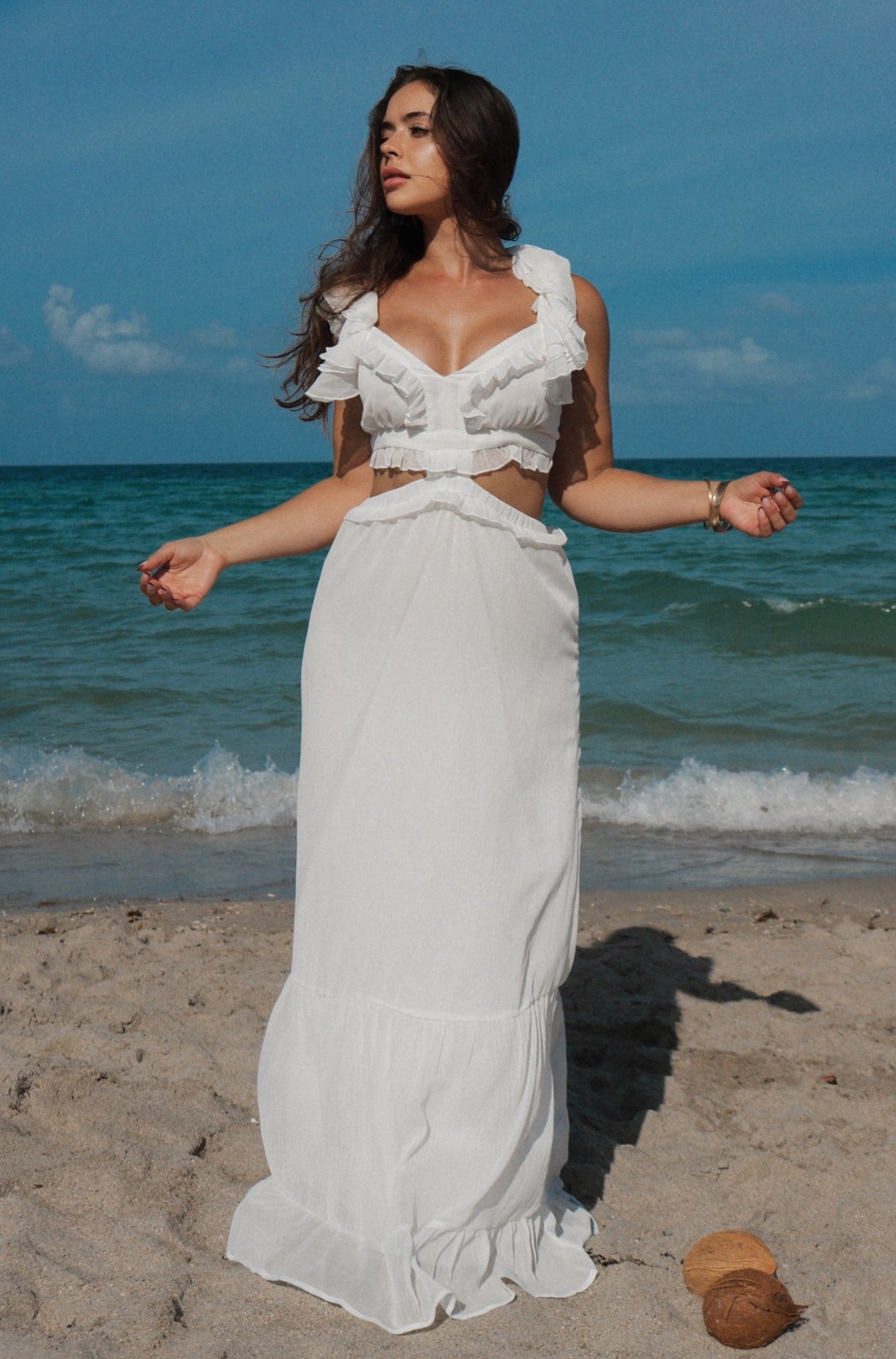 Cut Out Ruffled Vacation Maxi Dress in White, Scarlette The Label, an online fashion boutique for women.