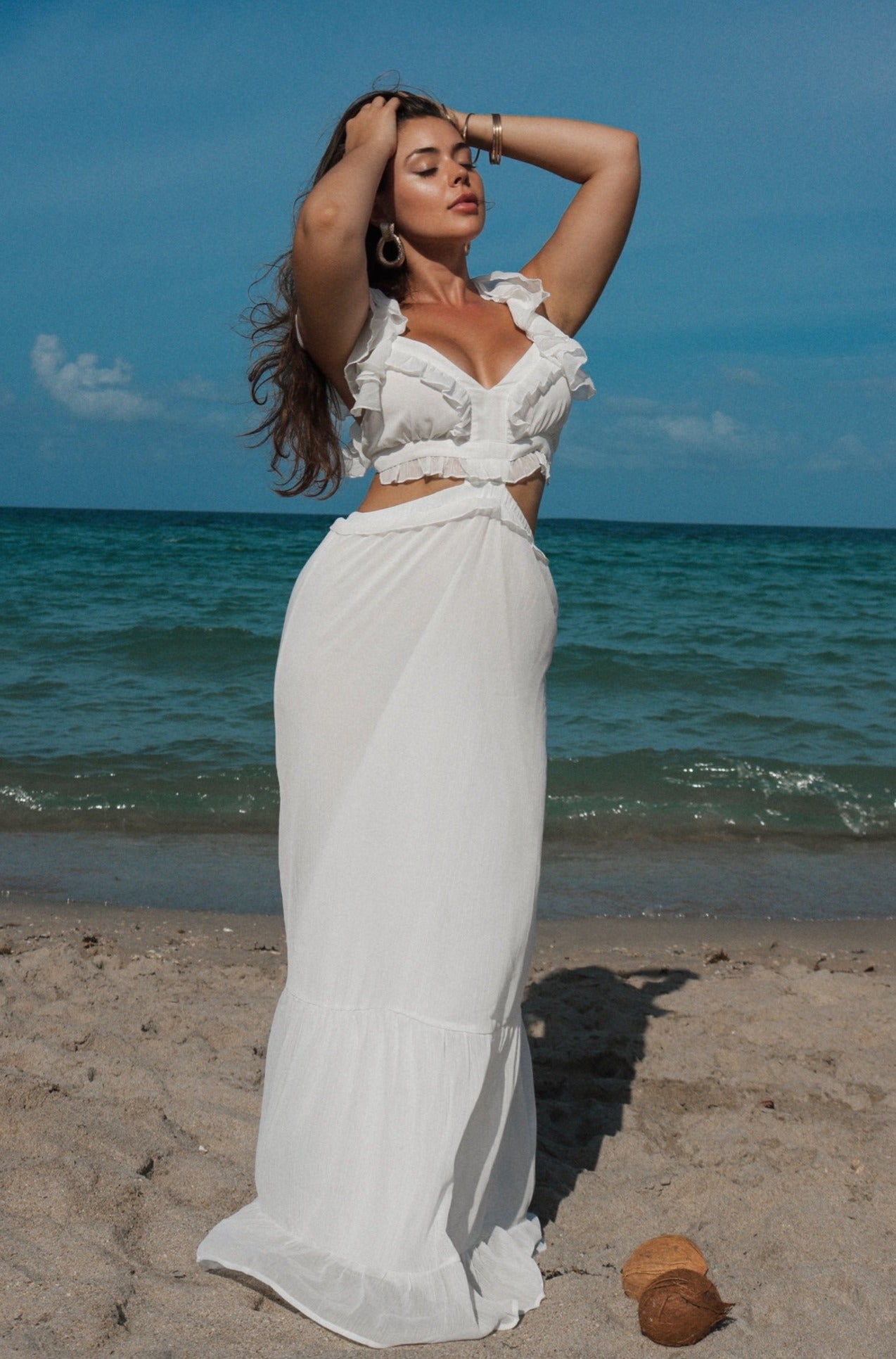 Cut Out Ruffled Vacation Maxi Dress in White, Scarlette The Label, an online fashion boutique for women.