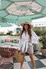 Cotton Cover Up Button Down Blouse in White for Scarlette The Label, an online fashion boutique for women. Paired with cotton gauze shorts, a straw handbag and a wide brimmed straw hat. Staycation Collection 2021