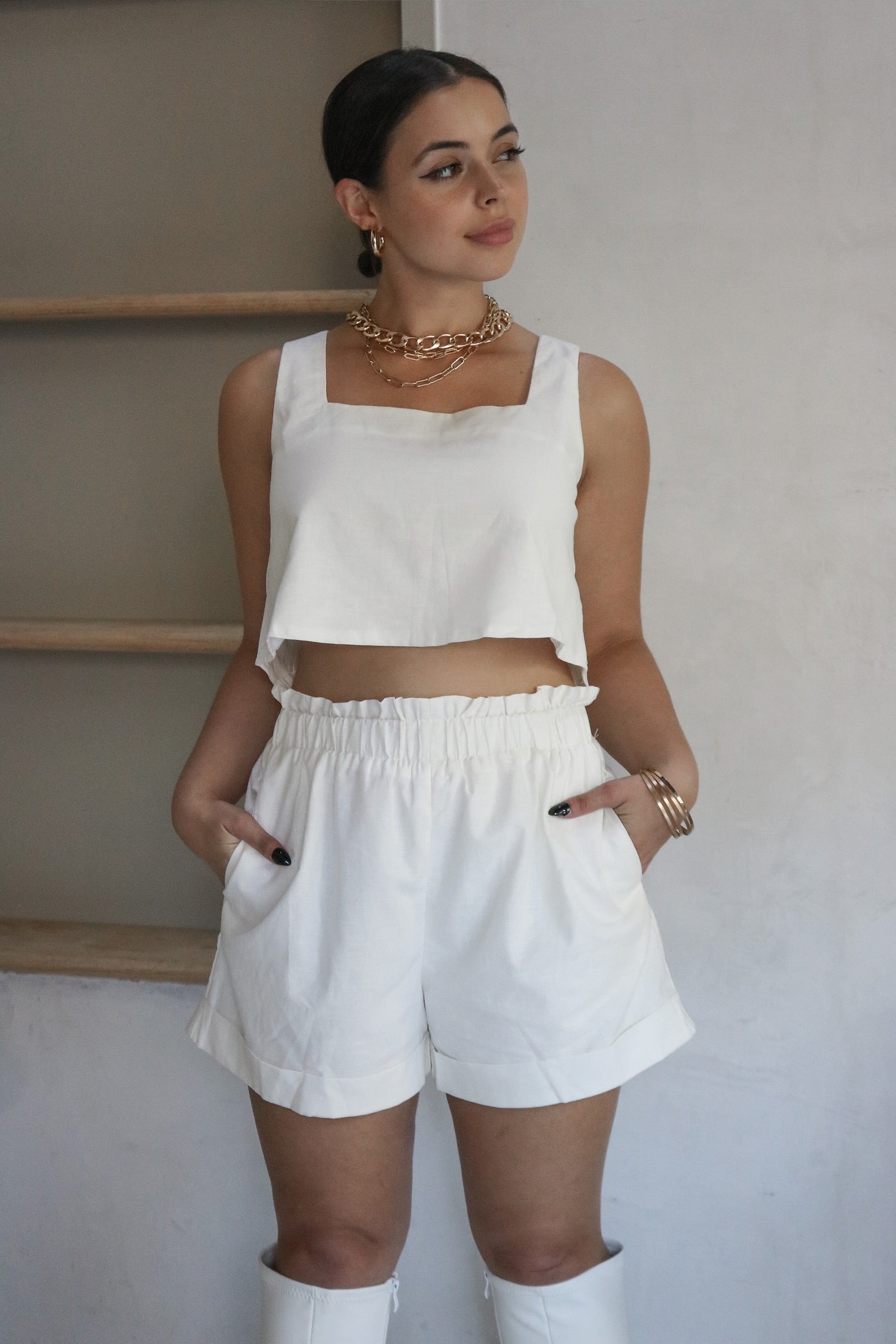 Cotton and Linen Short Set in Ivory. Scarlette The Label, an online fashion boutique for women.