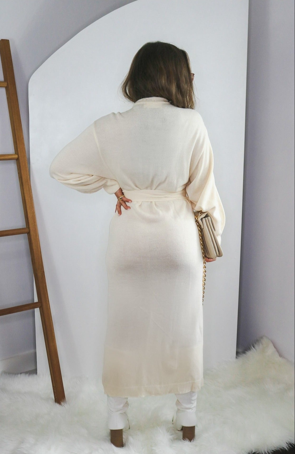Long Sleeve Sweater Knit Wrap Midi Dress in Cream. Scarlette The Label, an online fashion boutique and label.