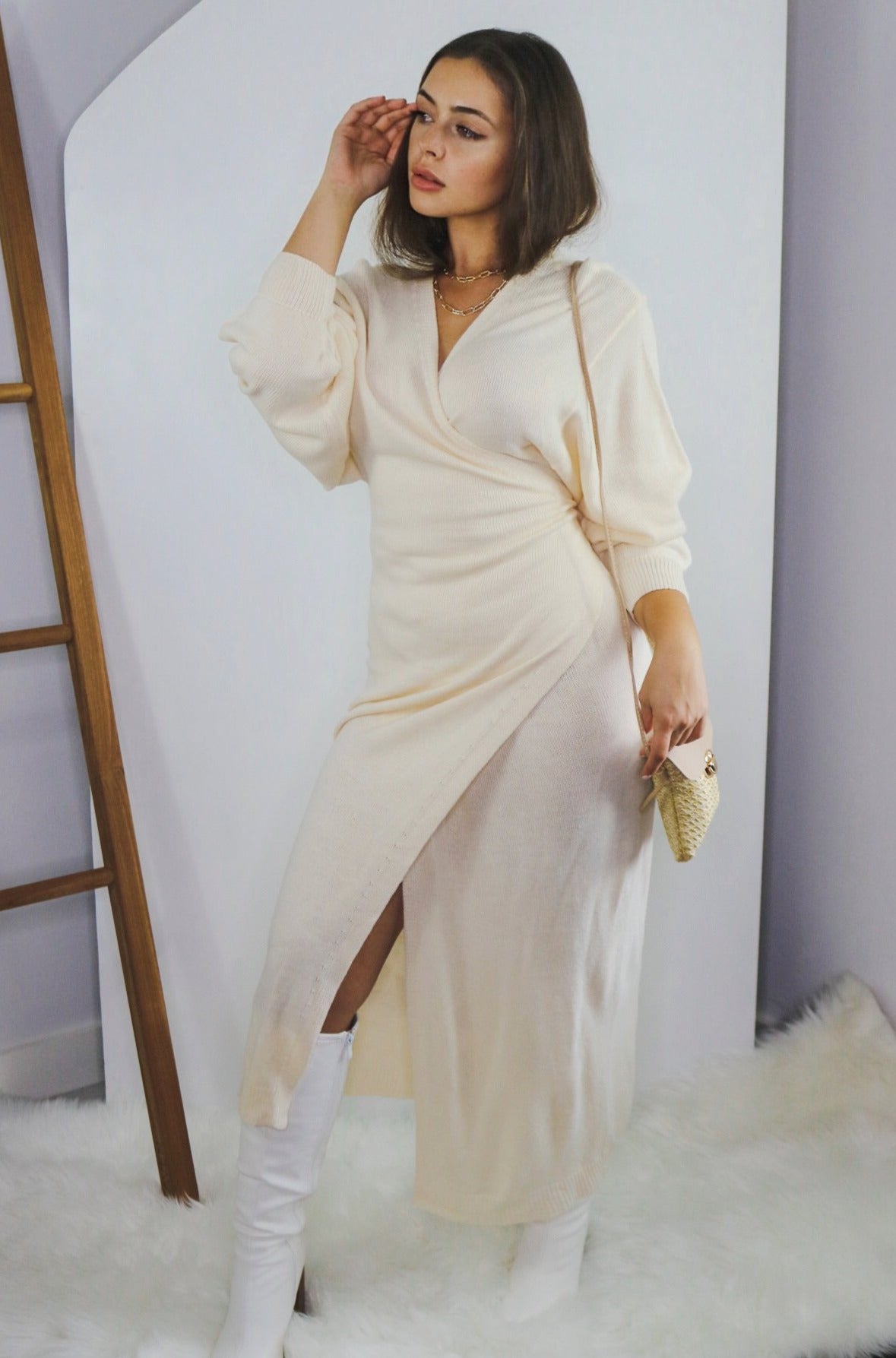 Long Sleeve Sweater Knit Wrap Midi Dress in Cream. Scarlette The Label, an online fashion boutique and label.