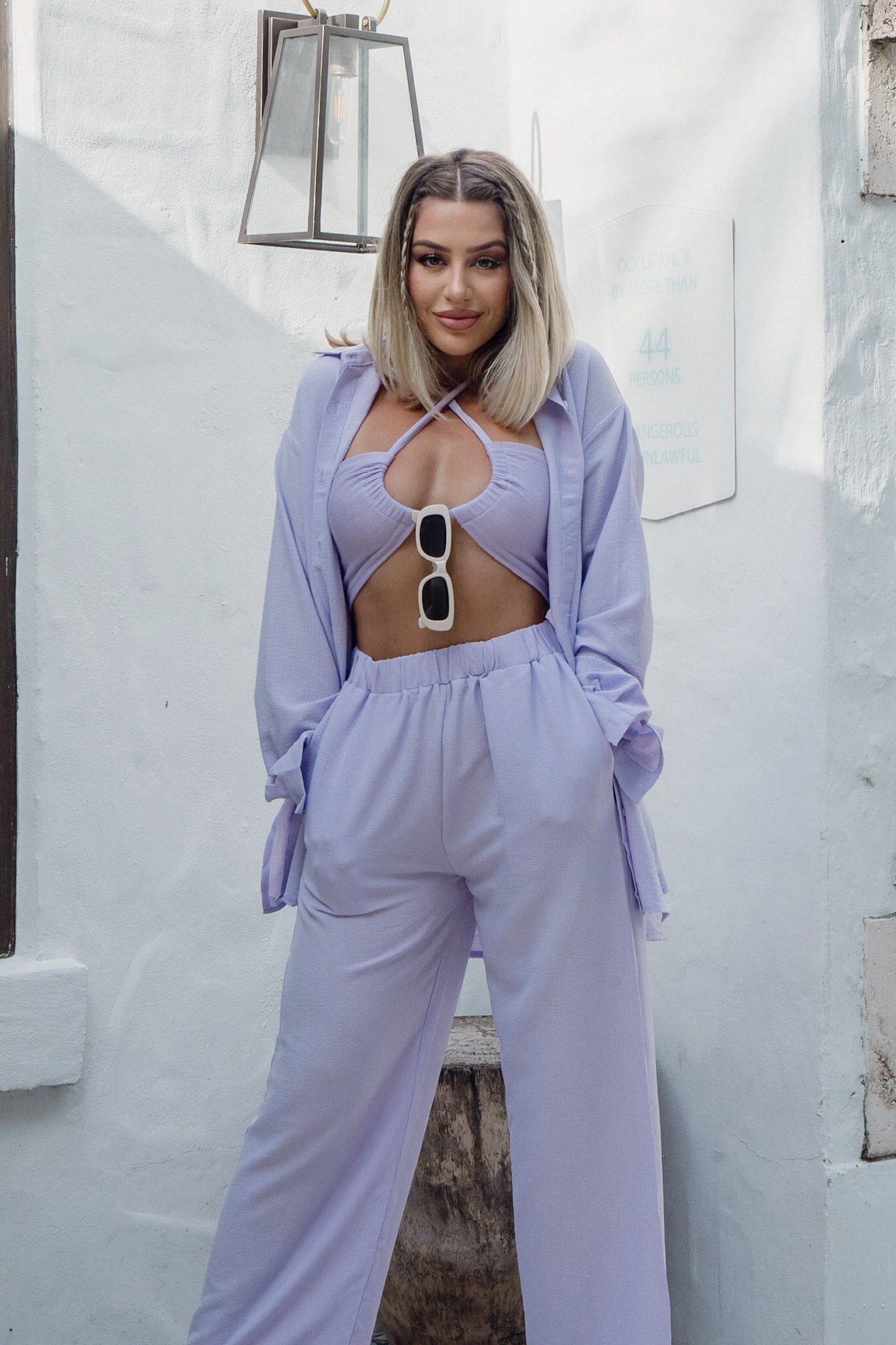 'Montauk' 3 Piece Button Down and Halter Pant Set in Lilac. Scarlette The Label, an online fashion boutique for women.