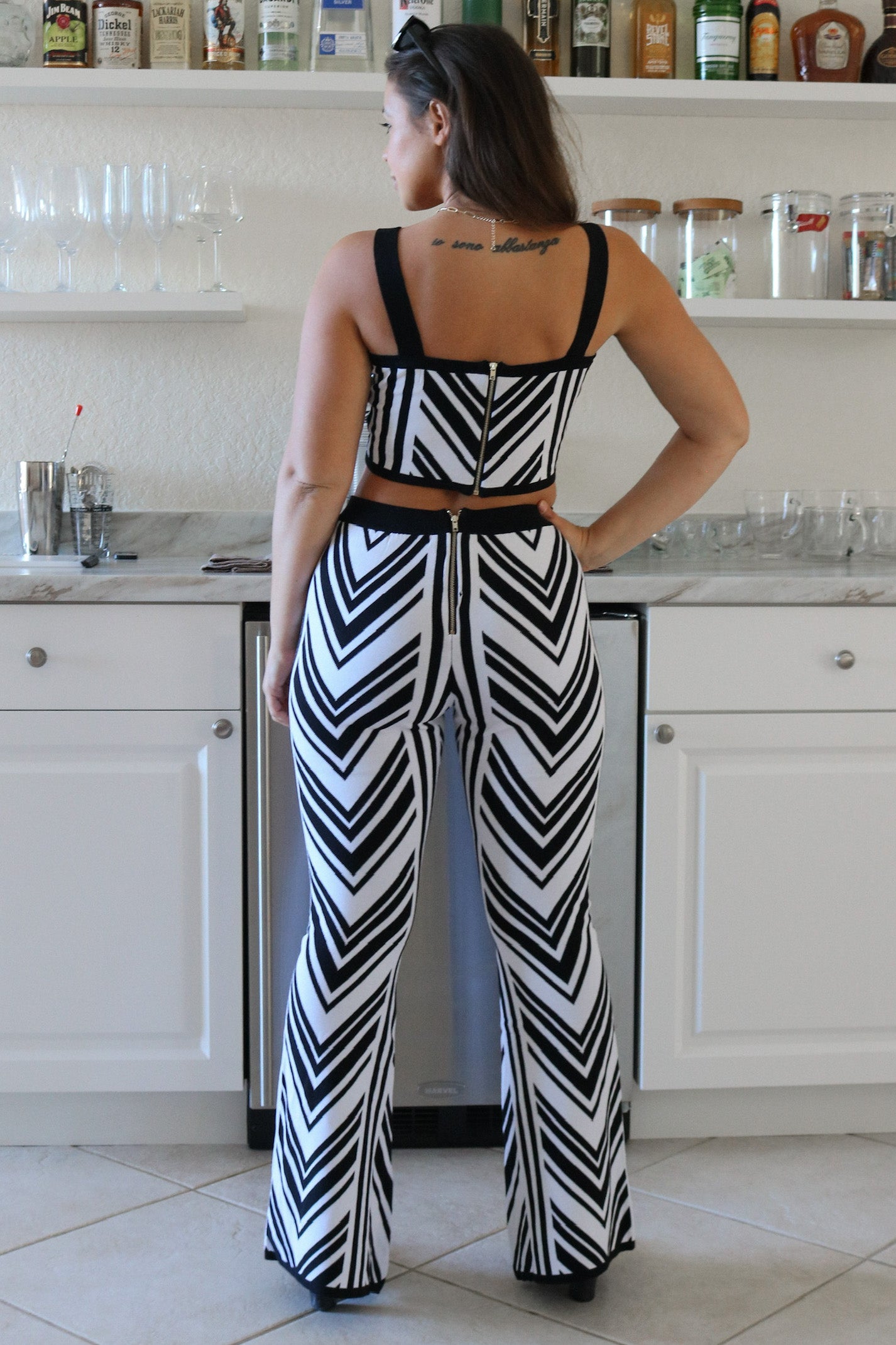 Woven Striped Boot Cut Pant Set with Matching Tube Tank Top in Black and White. Scarlette The Label, an online fashion boutique for women.